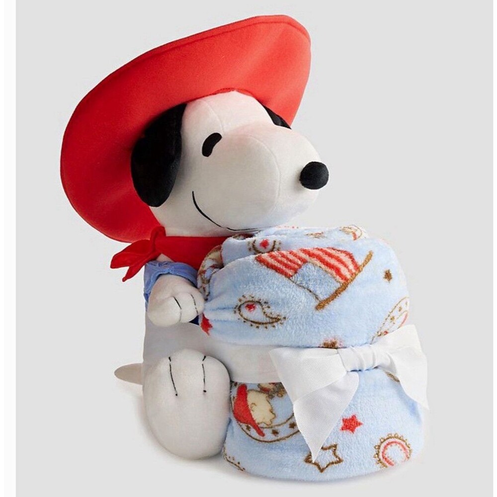 Peanuts Snoopy Plush Stuffed Animal with Cowboy Hat & Blue Blanket Set